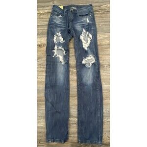 MACHINE Women's Blue Jeans Ripped Destroyed Straight Leg Size 3 Cotton/Spandex